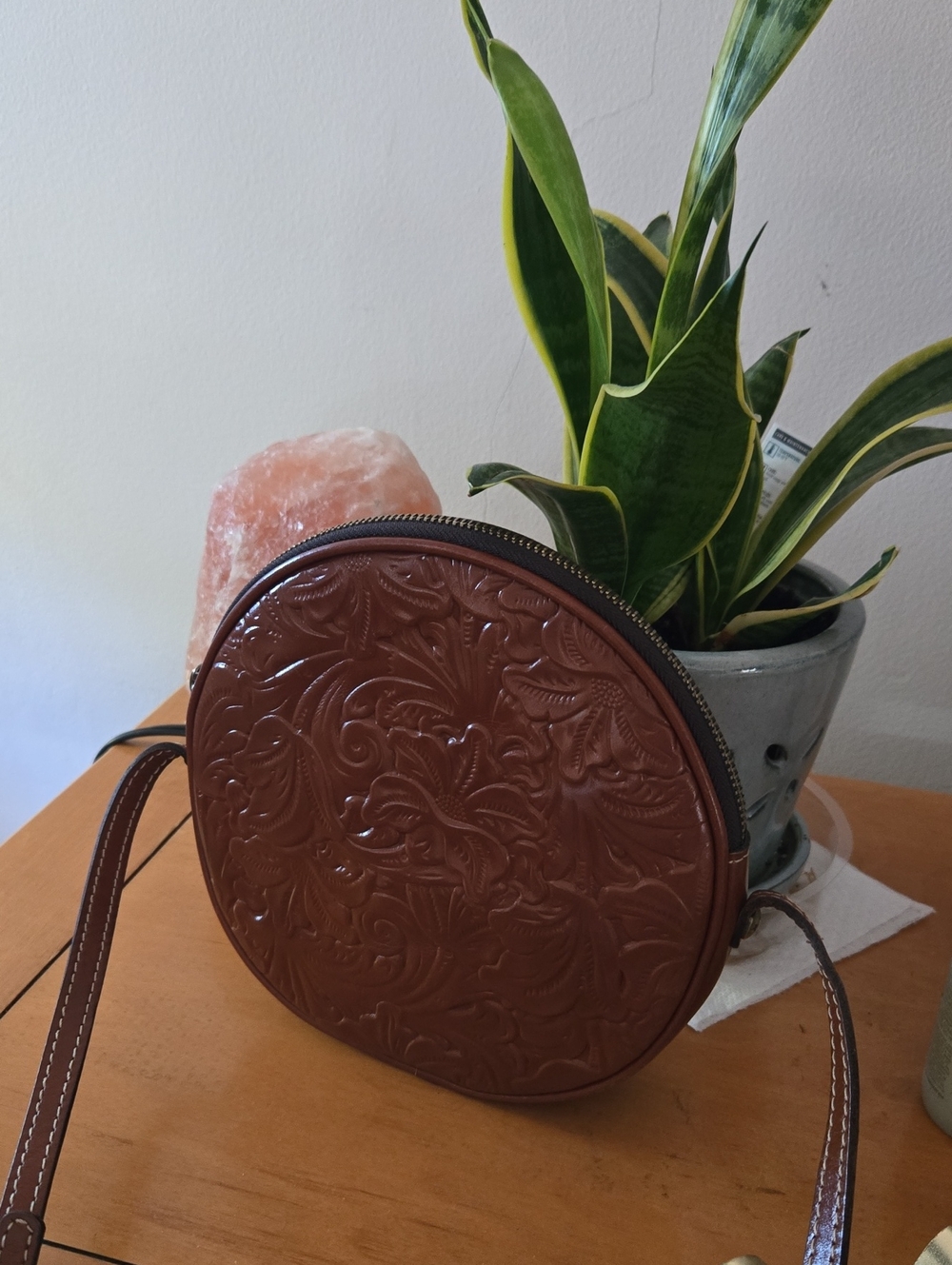 Patricia Nash Brown Embossed Round Crossbody Bag